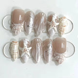 Daiiibabyyy  24PCS 3D White Seashell Almond False Nails Summer Ocean Seastar French Ins Nail Tips Beach Style Wearable Sweet Cool Fake Nails