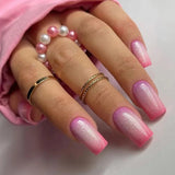 Daiiibabyyy 24Pcs Glitter Pink False Nails with Glue Long Ballet Full Cover Fake Nail Tips Ripple Design Detachable Coffin Press on Nails