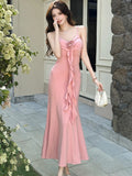 DAIIIBABYYY  -  Pink V-Neck Sexy Sling Long Dress Summer Elegant Luxury Chic Ruffled Long Dress Women Korean Fashion Bodycon Prom Dress