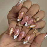 Daiiibabyyy  24Pcs French White Gradient Almond Press on Nails Flower Pattern False Nails with 3D Rhinestone Design Fake Nail Art