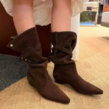 Daiiibabyyy  Vintage Faux Suede Rivet Strap Flod Women Mid-calf Boots Fashion Autumn Winter Low Heeled Chelsea Modern Boots Shoes Botas Mujer