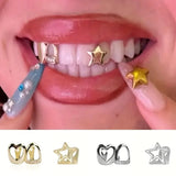 Daiiibabyyy  2Pcs Hip-Hop Hollow Heart Synthetic Zirconia Sparkling Teeth Accessories - Halloween Performance Props, Unisex Couple