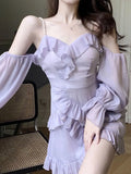 DAIIIBABYYY  -  Purple Off Shoulder Kawaii Dress for Women Summer Slim Ruffle Patchwork Sweet Party Female Korean Sexy Fairy Mini Dresses
