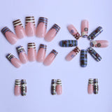Daiiibabyyy  24pcs Vintage French Style Stripes Press On Nails Cartoon Ladybug Button Designs Coffin False Nails Blue Brown Plaid Fake Nail