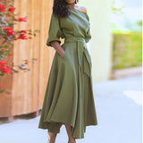 Daiiibabyyy  Women Summer Dress Solid Color Lantern Sleeve Belt Off Shoulder Pleated Mid-calf Vestidos Perfect for Casual Summer Days