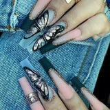 DAIIIBABYYY  -  24Pcs Shiny Gold Powder Fake Nails Long Coffin Finished False Nails Butterfly Gradient Detachable Ballerina Press on Nails