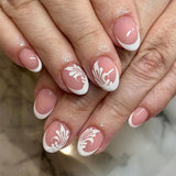 Daiiibabyyy  24pcs White French Fake Nails Art Simple Round Almond Full Cover False Nails Sets Flower Nude Short Oval Press on Nails Finished