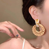 Daiiibabyyy  Vintage Brown Round Rattan Weave Earrings For Women Exaggerated Large Circle Geometric Earrings Jewelry Accessories