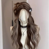 Daiiibabyyy  Brown Ash Highlight Long Water Wave Synthetic Wig Middle Part Face Framing Women Y2K Street Party Sweet Costume Hairpiece