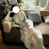 Daiiibabyyy  Gentle and Elegant Green Floral V-neck Lace-up Waist Long-sleeved Dress