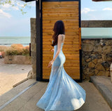 Daiiibabyyy  French Blue Floral Print Halter Dress Women Summer Beach Vacation Slimming Pure Desire Fish Tail Wrap Long Skirt Casual Gown
