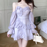 DAIIIBABYYY  -  Purple Off Shoulder Kawaii Dress for Women Summer Slim Ruffle Patchwork Sweet Party Female Korean Sexy Fairy Mini Dresses