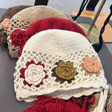 Daiiibabyyy  Flower Knitted Hat Women's New Autumn Japanese Retro Hat Literary Temperament Versatile Ear Protectort Hat Female