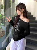 DAIIIBABYYY  -  Y2k Aesthetics White Letter Print Vintage Tops 2025 Spring Harajuku Slim Fit Slash Neck T-shirt Streetwear Grunge Bodycon Tees