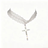 Daiiibabyyy  Korean Kpop Sweet Lace Strap Choker Necklace for Women Girls Cool CZ Cross Pendant Clavicle Chain Gothic Jewelry Party Gift