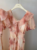 Daiiibabyyy  Women's Elegant Puff Sleeve Ruffles V Neck Floral Long Dress Lady Summer Short Sleeve Slim A Line Long Dress