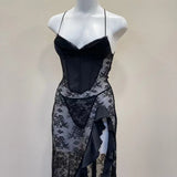 Daiiibabyyy  Sexy Black Lace High Waist Nightgowns Side Split Suspender Dress Design Sense Spice Girl Skinny Slim Perspective Long Nightdress