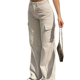 Daiiibabyyy  Women's High Waist Beige Pants Loose Fit Trousers Contrast Panel Cargo Pants Chain Strap Bag Straight Leg Full Length Women's