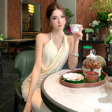 Daiiibabyyy  2026 French Fashionable Elegant Satin Evening Gown Women's Backless V-neck Halter Camisole Long Dress Sexy Chic Banquet Gown