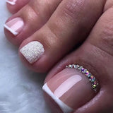 Daiiibabyyy 24Pcs Simple French False Toe Nails with Rhinestone Wearable Glitter Toe Fake Nails Shiny Powder Press on Nails Full Nail Tips