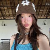 Daiiibabyyy  Korean Sweet Three-dimensional Flower Hand-crocheted Bucket Hat Men's and Women's Spring and Summer Fashion Versatile Basin Cap