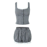 DAIIIBABYYY  -  Street Style Cotton Blend Lace Patchwork Black White Grid Sleeveless Top with Elastic Waist Flower Bud Shorts Women's Set