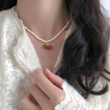 DAIIIBABYYY  -  Elegant Pearl Cherry Pendant Necklace for Women Sweet Choker Necklaces Neck Chain for Wedding Party Jewelry Gift