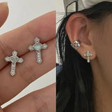 Daiiibabyyy  Gothic Punk Rhinestones Cross Stud Earrings for Women Men Personality Hip-Hop Heart Crystal Earrings Statement Jewelry Gifts