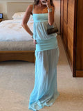 Daiiibabyyy  Women's Sexy Sleeveless Mesh Patchwork Solid Gowns Fashion Hight Waist Vacation Long Dress Elegant Off Shoulder Suspenders Dress