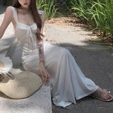 Daiiibabyyy  Summer Women Party Backless Bandage Dresses Lady Daily Holiday Leisure Satin Dress Female Gentle Aesthetic Long Bridal Dress