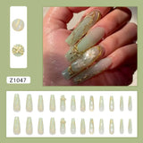 Daiiibabyyy  24pcs Detachable Long Water Pipe False Nails French Sparkling Rhinestone Nail Tips Full Cover Green Daisies Press on Nails DIY