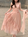 DAIIIBABYYY  -  Women Summer French Elegant Midi Dresses Vintage Folds Solid Ruffle Party Prom Robe Fairycore Neck Mounted New Fashion Dress