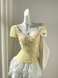 Daiiibabyyy  Yellow Floral Embroidery Ruffle Patchwork Heart Neck Waist Cinched Short Sleeve Top