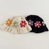 Daiiibabyyy Japanese Niche Colorful Flowers Hollow Knitted Bucket Hats for Women Spring and Summer Vacation Fashion Versatile Basin Caps