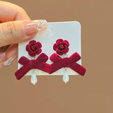 DAIIIBABYYY  -  New Romantic Winter Red Velvet Flocking Bow-knot Earrings Korean Fashion White Furry Ball Multi-style Dangle Earring Jewelry