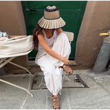 Daiiibabyyy  Plaid Print Ruffle Wide Brim Bucket Hat Foldable Sun Protection Loose Fit Summer Women Straw Hat Casual Chic Lady Sombrero