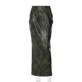Daiiibabyyy Pu Leather Print Hollow Lace Up Split Long Skirt Women Spring Autumn 2024 High Waist Slim Casual Bodycon Bottom Trend Streetwear