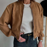 Daiiibabyyy  Women Vintage Faux Suede Bomber Jacket Ribbed Stand Collar Zip Up Long Sleeve Loose Short Casual Outerwear Autumn Coat
