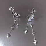 Daiiibabyyy  Shiny Zircon Long Chain Tassel Pendant Ear Clip for Women Luxury Flower Ear Needles Ear Clips Earrings Fashion Wedding Jewelry