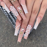 Daiiibabyyy 24Pcs Wearable Press on Nails Long Coffin Ballet False Nails Gradient White Flower Design Fake Nails with Rhinestone Nail Tips