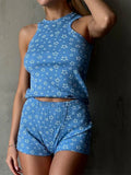 Daiiibabyyy  Pajama print round neck sleeveless top and shorts two-piece set fashionable and casual spring/summer women's set