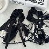 Daiiibabyyy New Vintage Black and White Printed Bow Ink Skirt Train Scrunchie Head Rope Female Senior Sense Gentle Elegant Bow Hair Rope