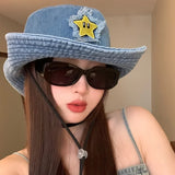 DAIIIBABYYY  -  New Cute Star Sticker Western Cowboy Caps for Women Summer Retro Versatile Outdoor Mountaineering Shade Bucket Hats Men