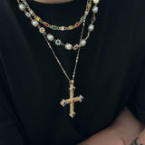 DAIIIBABYYY  -  3pcs/set Fashion Luxury Imitation Pearl Rhinestone Flower Beads Choker Necklace Men Exquisite Cross Pendant Jewelry