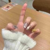 Daiiibabyyy  10PCS Purple Cat Eye Sweet Short Oval Handmade False Nails with Cute Bow Plaid Pattern French Press on Nails Full Cover Wearable