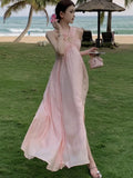 Daiiibabyyy Women Elegant Pink Sleeveless Backless Long Dresses Summer Holiday Goddess High Waist Halter Pleated A-line Sundress Vestido