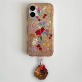 Daiiibabyyy  Pattern IND Retro Flower Phone Case with Plush Ball Bell Pendant for iPhone 11 12 13 14 15 16 17 Pro Max