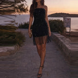 Daiiibabyyy  Elegant Strapless Glittery Party Mini Dress Fashion Tassel Splicing Solid Women Short Dress Casual Sleeveless Hight Waist Gowns