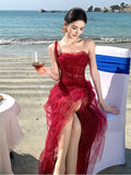 Daiiibabyyy  Retro Hong Kong Style Christmas Robe Red Tulle Neck Hanging Tube Top Atmosphere Dress Long Skirt Sleeveless A-Line Dress