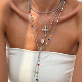 Daiiibabyyy  3Pcs Unique Cross Pendant Necklace Set for Women Simple Crystal Necklace Sweater Chain Long Y-shaped Necklace Y2K Party Jewelry